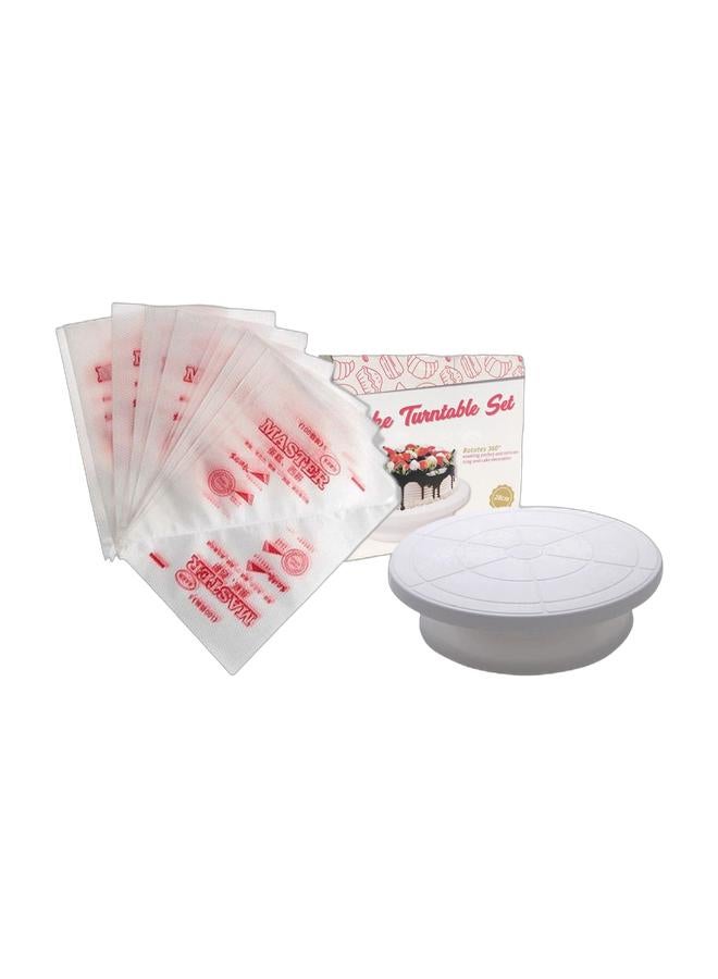 شاربدو 100 قطعة أكياس تزيين كعك قابلة للتصرف بيضاء 26x17 سم وحامل كعك دوار أبيض 28 × 7 سم حزمة - Image 1